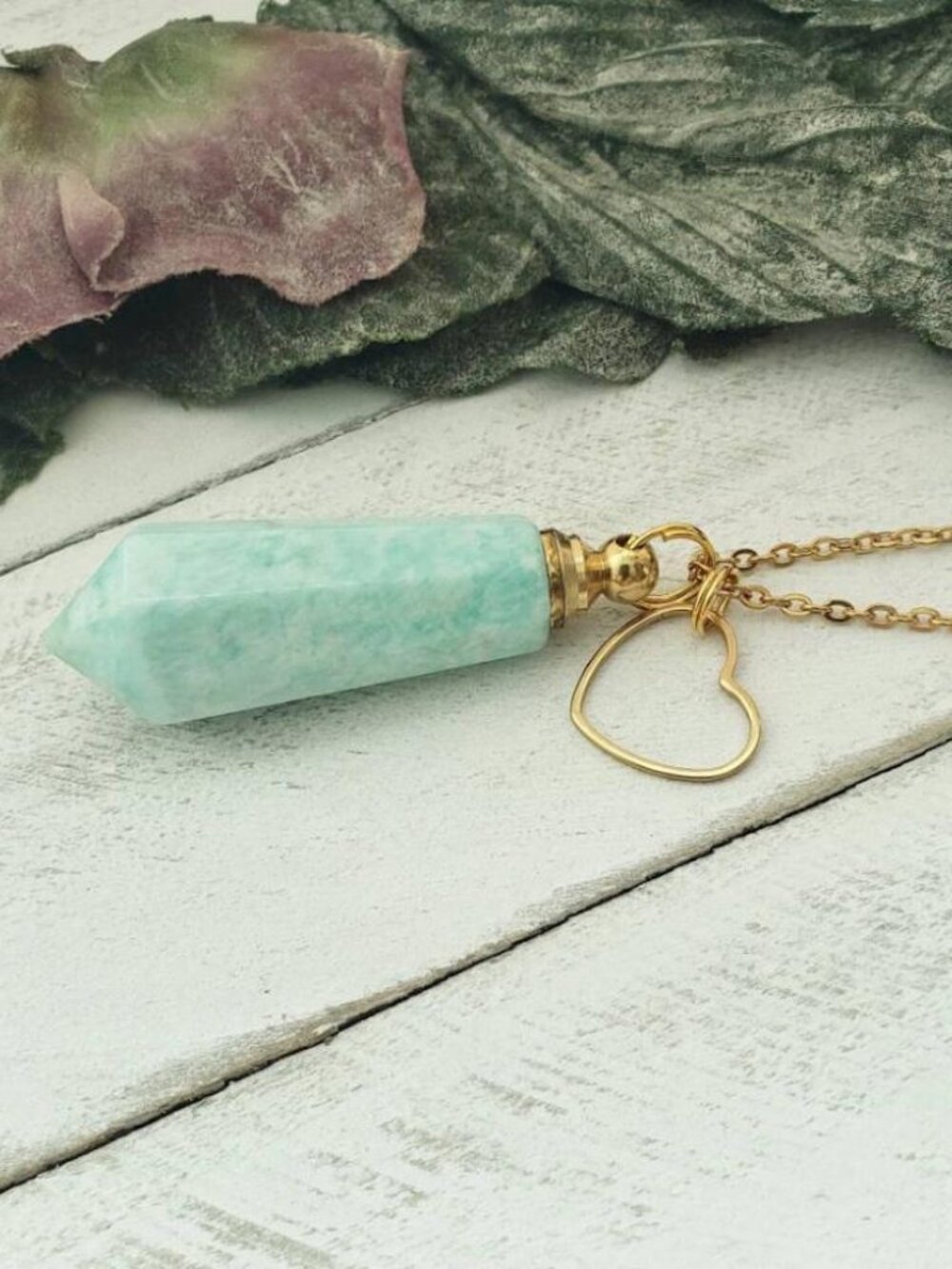 Amazonite Crystal Perfume Bottle Necklace Gold Chain Urn Vial Heart Charm